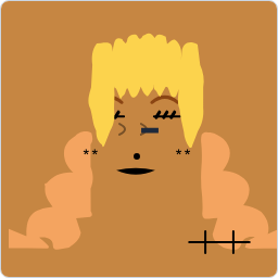 Abstract square face avatar with closed eyes and curly hair.