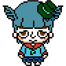 Cute pixel art chibi anime character icon with big eyes, blush, hat, and gami.